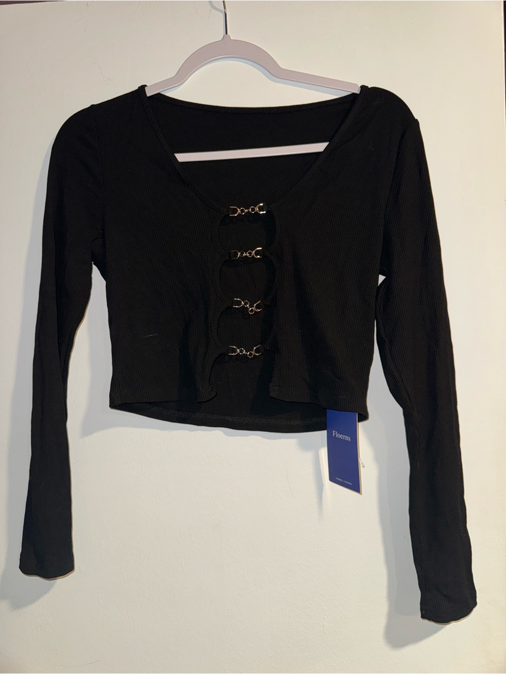 Black Ribbed Long-Sleeve Crop Top with Hook Details